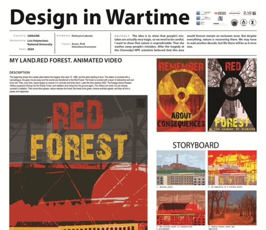 DESIGN IN WARTIME / Botschaft Stockholm Das Bild zeigt ein Poster mit Stillbildern aus der Videoanimation „Red Forest“ von Kateryna Lakusta.