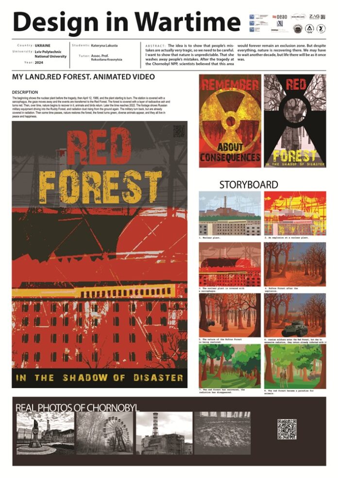 Das Bild zeigt ein Poster mit Stillbildern aus der Videoanimation „Red Forest“ von Kateryna Lakusta.