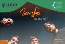 Jazzkonzert Alpha Trianguli / Botschaft Tunis Das Bild zeigt die vier Musiker des Ensembles samt der Logos der Festivalpartner.