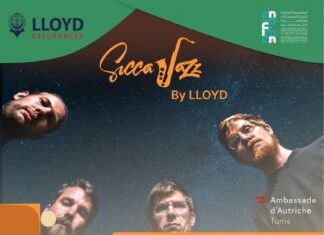 Jazzkonzert Alpha Trianguli / Botschaft Tunis Das Bild zeigt die vier Musiker des Ensembles samt der Logos der Festivalpartner.
