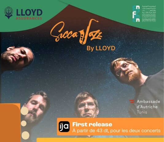 Jazzkonzert Alpha Trianguli / Botschaft Tunis Das Bild zeigt die vier Musiker des Ensembles samt der Logos der Festivalpartner.