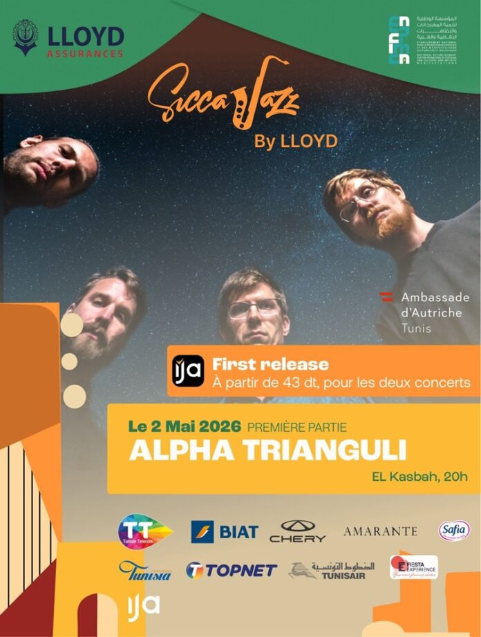 Das Bild zeigt die vier Musiker des Ensembles samt der Logos der Festivalpartner.