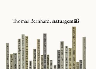Thomas Bernard, naturgemäß / Kulturforum Berlin Im Bild sind das Buchcover mit Titel und Namen des Herausgebers sowie einer Grafik zu erkennen. Die Grafik zeigt senkrechte Balken in verschiedenen Grüntönen mit Zitaten aus Thomas Bernhards Werken, in denen das Wort „naturgemäß" vorkommt.
