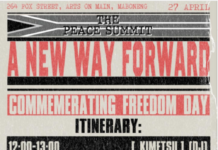 Freedom Day: Peace Summit / Kulturforum Pretoria Das Bild zeigt ein Poster vom Programm des Peace Summit in Johannesburg in Maboneng am 27. April 2026. Das Poster ist designmäßig auf ‚“Alt“ getrimmt und führt alle Programmpunkte am Peace Summit auf; Star 12:00 Uhr; Ende 19:00 Uhr.