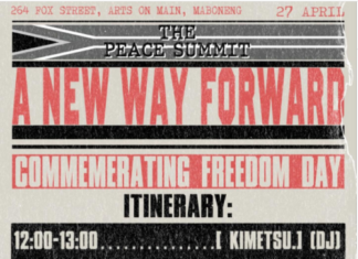 Freedom Day: Peace Summit / Kulturforum Pretoria Das Bild zeigt ein Poster vom Programm des Peace Summit in Johannesburg in Maboneng am 27. April 2026. Das Poster ist designmäßig auf ‚“Alt“ getrimmt und führt alle Programmpunkte am Peace Summit auf; Star 12:00 Uhr; Ende 19:00 Uhr.
