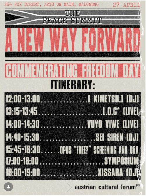 Das Bild zeigt ein Poster vom Programm des Peace Summit in Johannesburg in Maboneng am 27. April 2026. Das Poster ist designmäßig auf ‚“Alt“ getrimmt und führt alle Programmpunkte am Peace Summit auf; Star 12:00 Uhr; Ende 19:00 Uhr.