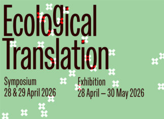 Ecological Translation / Botschaft Athen Flyer zur Ausstellung. Grüner Hintergrund, schwarze Farbe