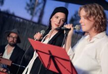 Playbackdolls /Eva Schörkhuber / Botschaft Pristina Das Bild zeigt zwei Performerinnen mit Mikrofon und einen Klavierspieler im Hintergrund