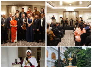 Musikfreundschaft Salzburg-Singapur / Botschaft Singapur Das Bild zeigt links oben Heng Wing Chan, Siegwald Bütow, Andrea Strohmeier, Peter Storer, Jenny Ang (SSO), Andreas Siles Mellinger, Frank Stadler, DanDan Wang, Kenneth Kwok, Zhao Tian, Jamshid Saydikarov, Li Xin und Cindy Lee, rechts oben die Musiker des Mozarteum Orchesters & SSO und Peter Storer, Raffles Doorman / Springbrunnen