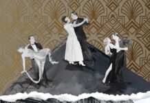 Tanz auf dem Vulkan – eine Revue / Kulturforum Berlin Die Collage ist ein zweigeteiltes Schwarz-Weiß- und Farbbild. Das untere Foto zeigt eine historische Straßenszene mit Menschen vor einem Gebäude mit der Aufschrift „Suppenküche & Armenspeisung". Die obere Hälfte zeigt drei Tanzpaare in Abendkleidung auf einem Vulkankegel vor goldenem Art-Déco-Muster. Eine gezackte Linie trennt die beiden Hälften und symbolisiert den Gegensatz zwischen Armut und Wohlstand.
