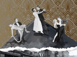 Tanz auf dem Vulkan – eine Revue / Kulturforum Berlin Die Collage ist ein zweigeteiltes Schwarz-Weiß- und Farbbild. Das untere Foto zeigt eine historische Straßenszene mit Menschen vor einem Gebäude mit der Aufschrift „Suppenküche & Armenspeisung". Die obere Hälfte zeigt drei Tanzpaare in Abendkleidung auf einem Vulkankegel vor goldenem Art-Déco-Muster. Eine gezackte Linie trennt die beiden Hälften und symbolisiert den Gegensatz zwischen Armut und Wohlstand.