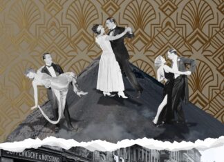 Tanz auf dem Vulkan – eine Revue / Kulturforum Berlin Die Collage ist ein zweigeteiltes Schwarz-Weiß- und Farbbild. Das untere Foto zeigt eine historische Straßenszene mit Menschen vor einem Gebäude mit der Aufschrift „Suppenküche & Armenspeisung". Die obere Hälfte zeigt drei Tanzpaare in Abendkleidung auf einem Vulkankegel vor goldenem Art-Déco-Muster. Eine gezackte Linie trennt die beiden Hälften und symbolisiert den Gegensatz zwischen Armut und Wohlstand.