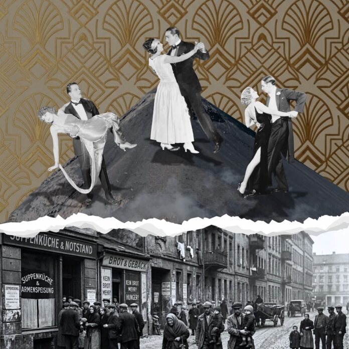 Die Collage ist ein zweigeteiltes Schwarz-Weiß- und Farbbild. Das untere Foto zeigt eine historische Straßenszene mit Menschen vor einem Gebäude mit der Aufschrift „Suppenküche & Armenspeisung