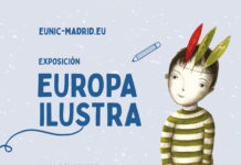 Anna Horak bei Europa Ilustra / Kulturforum Madrid Das Bild zeigt eine Zeichnung eines Jungen mit Federschmuck am Kopf vor hellblauem Hintergrund mit Schriftzügen zu Titel, Ort u. Datum der Veranstaltung, sowie institutionellen Logos.