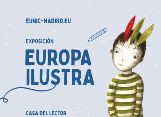 Anna Horak bei Europa Ilustra / Kulturforum Madrid Das Bild zeigt eine Zeichnung eines Jungen mit Federschmuck am Kopf vor hellblauem Hintergrund mit Schriftzügen zu Titel, Ort u. Datum der Veranstaltung, sowie institutionellen Logos.