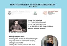 Literatur aus Österreich / Kulturforum Mailand Das Foto zeigt das Plakat der Veranstaltungsreihe „Österreichischer Frühling“ mit Informationen zu den beiden Veranstaltungen in Mailand und der Veranstaltung in Padua. Zu sehen sind Bilder von Stefan Zweig, Elfriede Jelinek sowie ein Standbild aus dem Film Elfriede Jelinek – Die Sprache von der Leine lassen.
