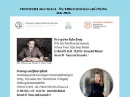 Literatur aus Österreich / Kulturforum Mailand Das Foto zeigt das Plakat der Veranstaltungsreihe „Österreichischer Frühling“ mit Informationen zu den beiden Veranstaltungen in Mailand und der Veranstaltung in Padua. Zu sehen sind Bilder von Stefan Zweig, Elfriede Jelinek sowie ein Standbild aus dem Film Elfriede Jelinek – Die Sprache von der Leine lassen.