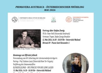 Literatur aus Österreich / Kulturforum Mailand Das Foto zeigt das Plakat der Veranstaltungsreihe „Österreichischer Frühling“ mit Informationen zu den beiden Veranstaltungen in Mailand und der Veranstaltung in Padua. Zu sehen sind Bilder von Stefan Zweig, Elfriede Jelinek sowie ein Standbild aus dem Film Elfriede Jelinek – Die Sprache von der Leine lassen.