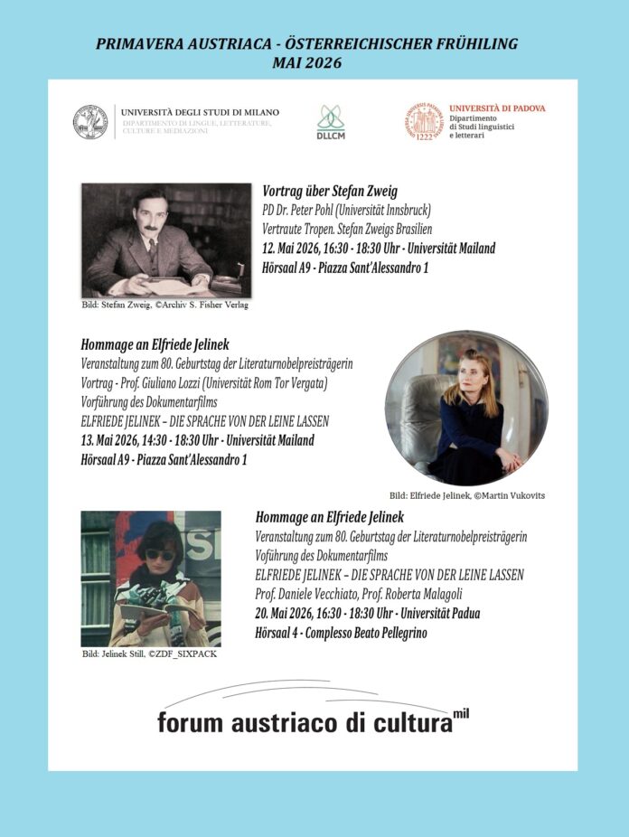 Das Foto zeigt das Plakat der Veranstaltungsreihe „Österreichischer Frühling“ mit Informationen zu den beiden Veranstaltungen in Mailand und der Veranstaltung in Padua. Zu sehen sind Bilder von Stefan Zweig, Elfriede Jelinek sowie ein Standbild aus dem Film Elfriede Jelinek – Die Sprache von der Leine lassen.