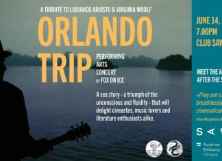 ORLANDO TRIP / Kulturforum Ottawa Das Bild zeigt die Silhouette einer Person mit Hut und Gitarre vor einer dunklen Wasserlandschaft. Der Titel „ORLANDO TRIP“ ist in großen gelben Buchstaben mittig abgedruckt, daneben befinden sich Informationen zu den Künstlern sowie zur Performance. Auf der rechten Seite sind auf blauem Hintergrund die Konzertdaten „14. Juni“, der Veranstaltungsort „Club SAW“, eine Kritik, die Möglichkeit, die Künstler persönlich zu treffen, sowie die Logos der Mitwirkenden abgebildet.