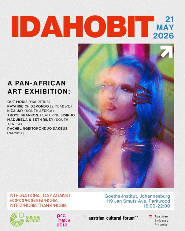 Das Bild zeigt das Poster für das IDAHOBIT Event dass am 21. Mai bei dem Goethe Institut Südafrika in Johannesburg stattfindet. Auf dem Poster ist ein Selbstporträt der Drag Queen, Angel Vasconcelos, zu sehen und ein Hinweis auf die Gruppenausstellung „A Pan-African Art Exhibition mit allen Daten, Ortsangabe und allen Logos der unterstützenden Organisationen.