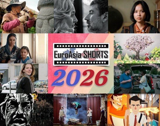 Das Bild zeigt das EuroAsia Shorts Logo umrahmt von einer Collage von Stills zahlreicher beim EuroAsia Shorts Festival gezeigten Kurzfilmen.