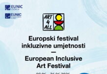 Festival / Kulturforum Zagreb Das Bild zeigt ein Ankündigungsplakat für das Festival Art4All. 2 Zeichnungen von Menschen auf hellblauem Hintergrund, der Titel und das Datum in der Mitte und oben und unten die Logos.