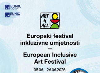 Festival / Kulturforum Zagreb Das Bild zeigt ein Ankündigungsplakat für das Festival Art4All. 2 Zeichnungen von Menschen auf hellblauem Hintergrund, der Titel und das Datum in der Mitte und oben und unten die Logos.