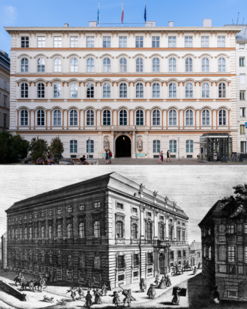 Bild: @Österreichische Nationalbibliothek / BMEIA Das Bild ist eine Collage aus einem alten Foto des Bundeskanzleramtes und einem neuen Foto des Aussenministeriums.