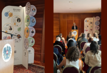 Frauen in der Literatur / Kulturforum Mexiko Das Bild zeigt: Ein Rednerpult und die „Calliope. Join the Dots.“ Austellung, die Gäste der Veranstaltung von hinten, während die Botschafterin Kehrer begrüßt.