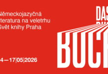 Das Buch 2026 / Kulturforum Prag Das Bild zeigt links das Logo von „Das Buch“ in Großbuchstaben geschrieben, rechts den Zeitraum der Prager Buchmesse „14.-17.5.2026“ und darüber die Inschrift „Deutschsprachige Literatur auf der Prager Buchmesse Svět knihy Praha“. All das mit weißer Textfarbe und rotem Hintergrund
