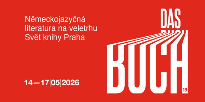 Das Bild zeigt links das Logo von „Das Buch“ in Großbuchstaben geschrieben, rechts den Zeitraum der Prager Buchmesse „14.-17.5.2026“ und darüber die Inschrift „Deutschsprachige Literatur auf der Prager Buchmesse Svět knihy Praha“. All das mit weißer Textfarbe und rotem Hintergrund