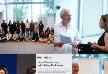 Meisterklasse Peter Edelmann / Botschaft Singapur Das Bild zeigt Peter Edelmann und StudentInnen des NAFA während und nach der Masterclass, das Poster mit der Ankündigung und Ausschnitt aus dem Publikum