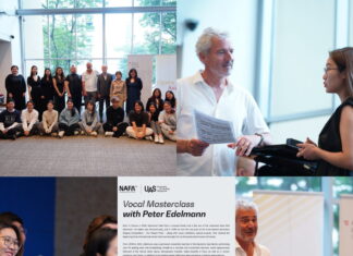 Meisterklasse Peter Edelmann / Botschaft Singapur Das Bild zeigt Peter Edelmann und StudentInnen des NAFA während und nach der Masterclass, das Poster mit der Ankündigung und Ausschnitt aus dem Publikum