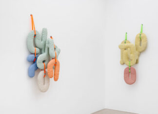 Terrakottaskulpturen / Kulturforum Belgrad Das Bild zeigt zwei abstrakte keramische Wandskulpturen von Beate Gatschelhofer, bestehend aus pastellfarbenen, strukturierten Formen, die mit farbigen Schnüren an weißen Galeriewänden befestigt sind.