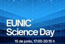 EUNIC Science Day / Kulturforum Madrid Das Bild zeigt einen weißen Schriftzug mit Informationen über die Veranstaltung vor dunkelblauem Hintergrund, der ein dreidimensionales Gitternetz darstellt.