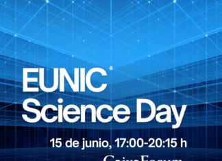 EUNIC Science Day / Kulturforum Madrid Das Bild zeigt einen weißen Schriftzug mit Informationen über die Veranstaltung vor dunkelblauem Hintergrund, der ein dreidimensionales Gitternetz darstellt.