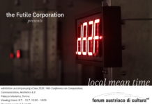 local mean time / Kulturforum Mailand Ausstellungsplakat „local mean time" mit Angaben zu Ort und Zeit.
