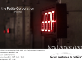 local mean time / Kulturforum Mailand Ausstellungsplakat „local mean time" mit Angaben zu Ort und Zeit.