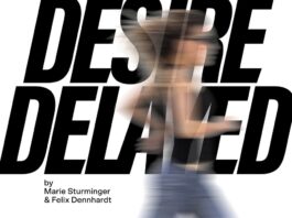 Desire Delayed / Kulturforum New York Werbeplakat mit dem Titel „Desire Delayed" in fetter Schrift und der verschwommenen Silhouette einer rennenden Person.