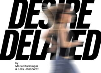 Desire Delayed / Kulturforum New York Werbeplakat mit dem Titel „Desire Delayed" in fetter Schrift und der verschwommenen Silhouette einer rennenden Person.