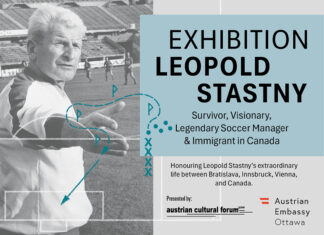 Ausstellung Leopold Stastny / Kulturforum Ottawa Plakat für die Ausstellung „Leopold Stastny- Survivor, Visionary, Legendary Soccer Manager & Immigrant in Canada“. Zu sehen ist ein Schwarz-Weiß-Foto des ehemaligen Fußballtrainers auf einem Spielfeld mit eingezeichneten Taktiksymbolen. Rechts davon liest man den Titel und Untertitel der Ausstellung, sowie eine Kurzbeschreibung. Unterhalb sind die Logos des Austrian Cultural Forum und der Austrian Embassy Ottawa zu sehen.