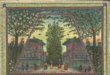 Josef Karl Rädler / Kulturforum Prag Gemälde mit goldener Rahmung: Sonnenblumenfeld mit zwei Apfelbäumen, davor zwei gegenüberstehende Gebäude mit Frauen, einem Mann und einem Kind.