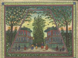 Josef Karl Rädler / Kulturforum Prag Gemälde mit goldener Rahmung: Sonnenblumenfeld mit zwei Apfelbäumen, davor zwei gegenüberstehende Gebäude mit Frauen, einem Mann und einem Kind.