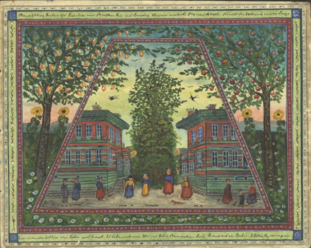 Gemälde mit goldener Rahmung: Sonnenblumenfeld mit zwei Apfelbäumen, davor zwei gegenüberstehende Gebäude mit Frauen, einem Mann und einem Kind.
