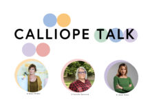 CALLIOPE TALK / Kulturforum Prag Das Bild zeigt ein Plakat mit der Inschrift „CALLIOPE TALK“, darunter sind Portraits der Teilnehmerinnen der Diskussion in bunten Kreisen.