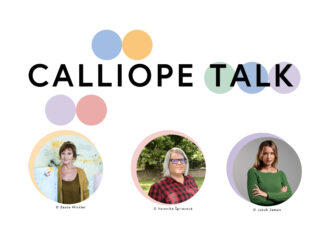 CALLIOPE TALK / Kulturforum Prag Das Bild zeigt ein Plakat mit der Inschrift „CALLIOPE TALK“, darunter sind Portraits der Teilnehmerinnen der Diskussion in bunten Kreisen.