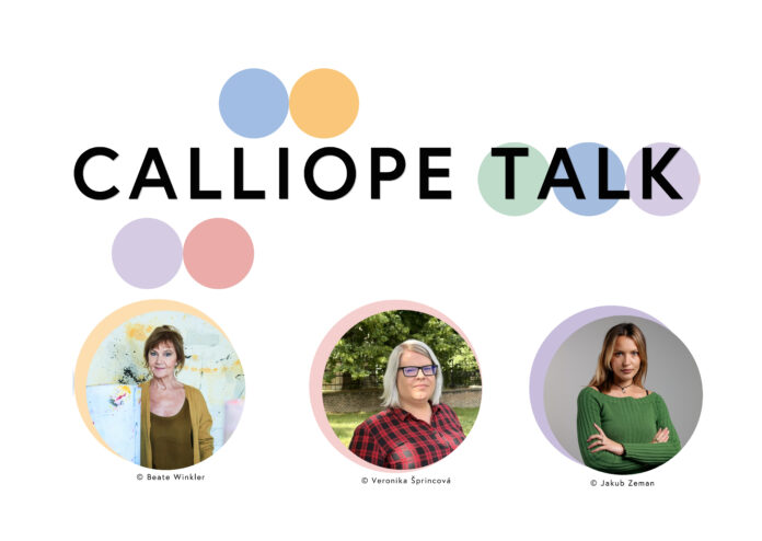 Bild: ÖKF Prag Das Bild zeigt ein Plakat mit der Inschrift „CALLIOPE TALK“, darunter sind Portraits der Teilnehmerinnen der Diskussion in bunten Kreisen.