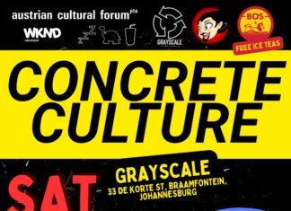 Concrete Culture / Kulturforum Pretoria Buntes Veranstaltungsplakat mit Logos der Projektpartner, Datum und Ort.