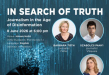 In Search of Truth / Kulturforum Budapest Veranstaltungsplakat mit blauem Hintergrund.